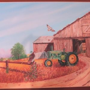 Large Matted Artist Print John Deere Tractor Farm